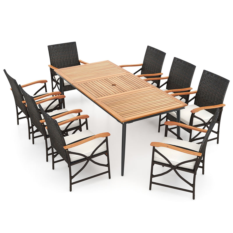 Costway - 79 Inch Outdoor Acacia Wood Dining Table and 8 Rattan-woven Dining Chairs with Umbrella Hole