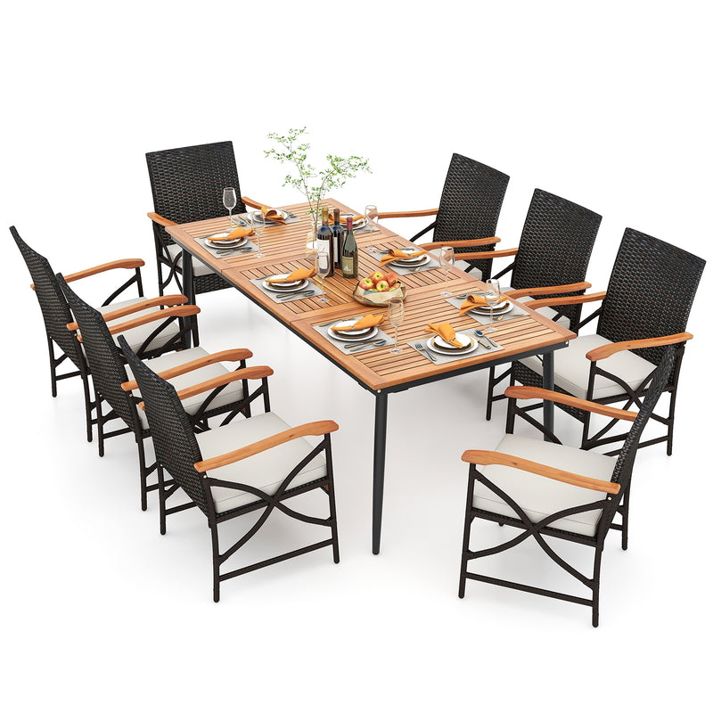 Costway - 79 Inch Outdoor Acacia Wood Dining Table and 8 Rattan-woven Dining Chairs with Umbrella Hole