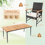 Costway - 79 Inch Outdoor Acacia Wood Dining Table and 8 Rattan-woven Dining Chairs with Umbrella Hole