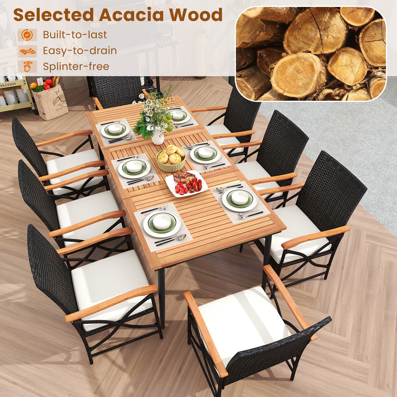Costway - 79 Inch Outdoor Acacia Wood Dining Table and 8 Rattan-woven Dining Chairs with Umbrella Hole