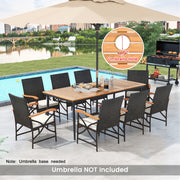 Costway - 79 Inch Outdoor Acacia Wood Dining Table and 8 Rattan-woven Dining Chairs with Umbrella Hole