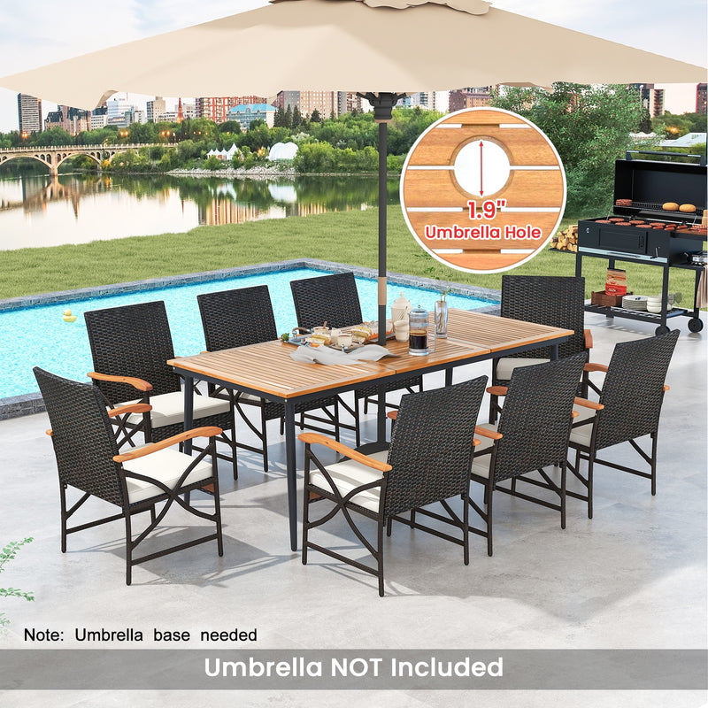 Costway - 79 Inch Outdoor Acacia Wood Dining Table and 8 Rattan-woven Dining Chairs with Umbrella Hole