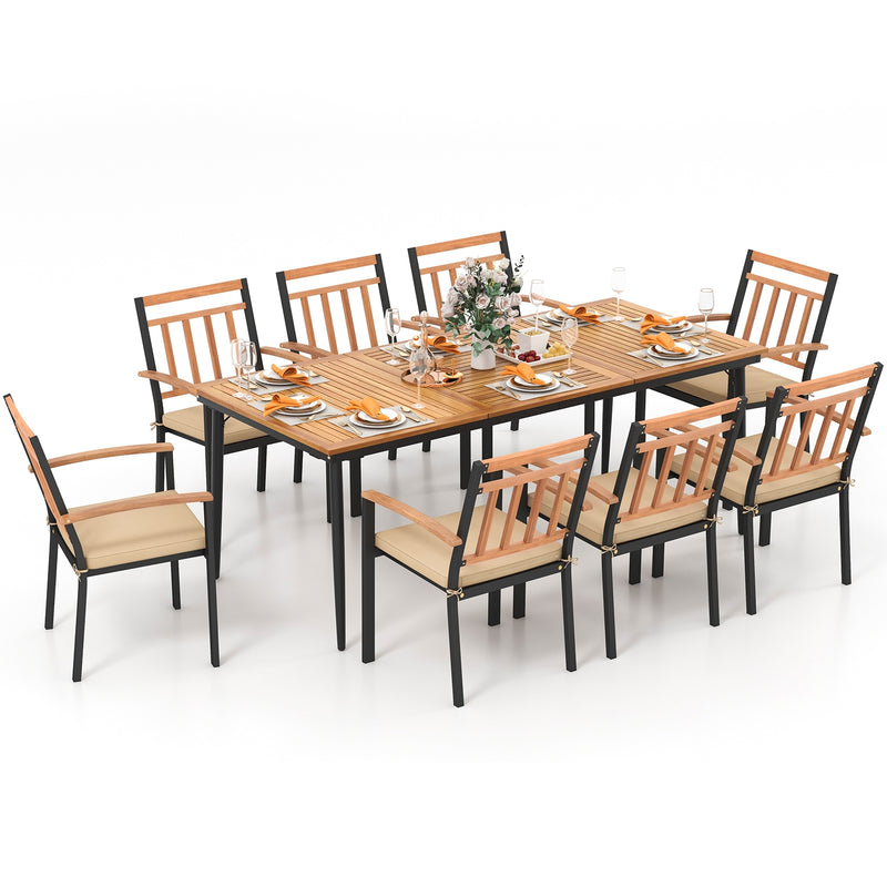 Costway - 9-Piece Patio Dining Set with 8 Wooden Armchairs