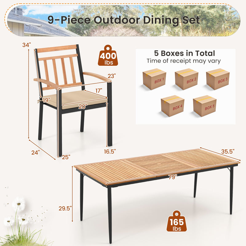 Costway - 9-Piece Patio Dining Set with 8 Wooden Armchairs