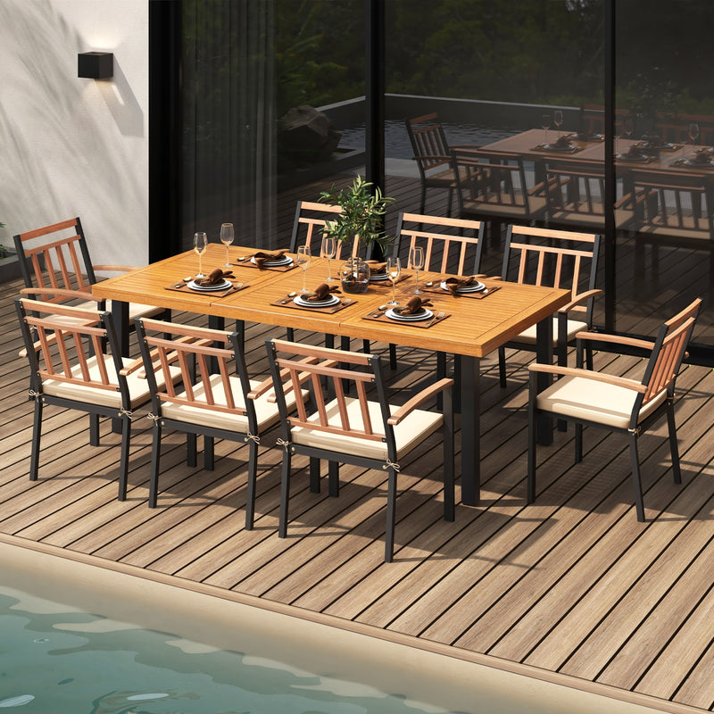 Costway - 9 Pieces Patio Dining Set 39.5 Inch Acacia Wood Table with Umbrella Hole and 24-Inch Wide Chairs