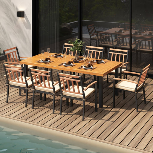 Costway - 9 Pieces Patio Dining Set 39.5 Inch Acacia Wood Table with Umbrella Hole and 24-Inch Wide Chairs