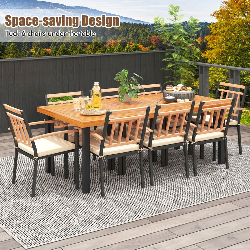 Costway - 9 Pieces Patio Dining Set 39.5 Inch Acacia Wood Table with Umbrella Hole and 24-Inch Wide Chairs