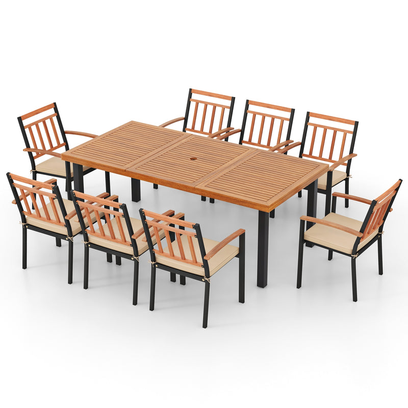 Costway - 9 Pieces Patio Dining Set 39.5 Inch Acacia Wood Table with Umbrella Hole and 24-Inch Wide Chairs
