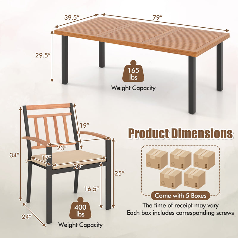 Costway - 9 Pieces Patio Dining Set 39.5 Inch Acacia Wood Table with Umbrella Hole and 24-Inch Wide Chairs