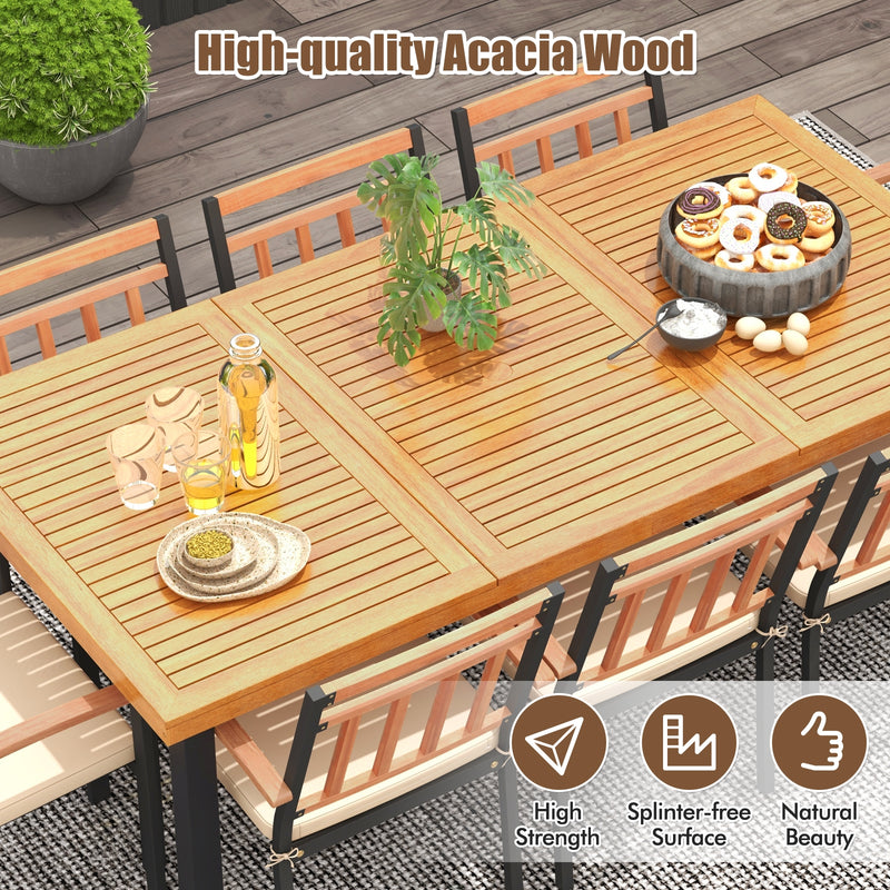 Costway - 9 Pieces Patio Dining Set 39.5 Inch Acacia Wood Table with Umbrella Hole and 24-Inch Wide Chairs