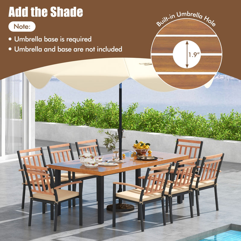 Costway - 9 Pieces Patio Dining Set 39.5 Inch Acacia Wood Table with Umbrella Hole and 24-Inch Wide Chairs
