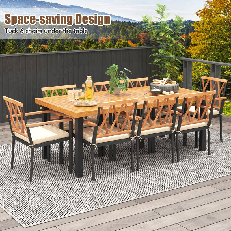 Costway - 9 Pieces Patio Dining Set 39.5 Inch Acacia Wood Table with Umbrella Hole and 22.5-Inch Wide Chairs
