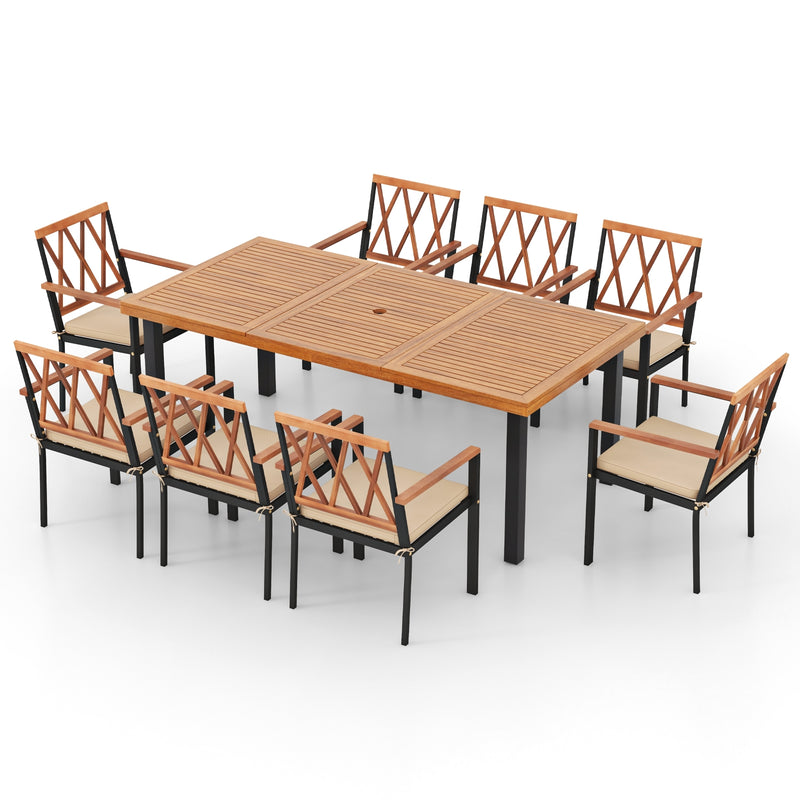 Costway - 9 Pieces Patio Dining Set 39.5 Inch Acacia Wood Table with Umbrella Hole and 22.5-Inch Wide Chairs