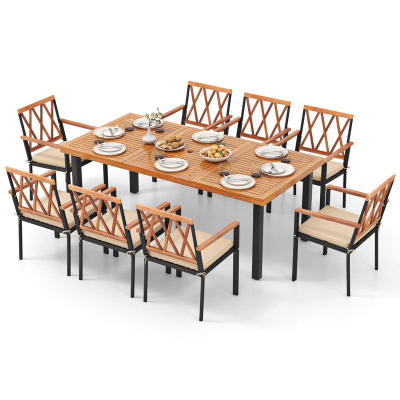 Costway - 9 Pieces Patio Dining Set 39.5 Inch Acacia Wood Table with Umbrella Hole and 22.5-Inch Wide Chairs