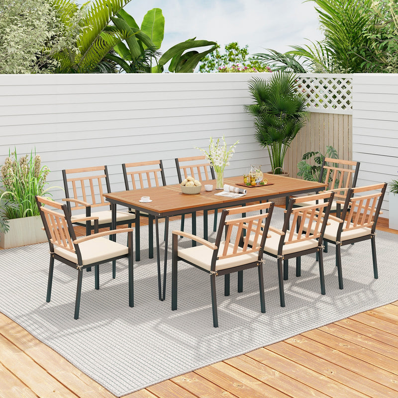 Costway - 9-Piece Patio Dining Set 35.5 Inch Acacia Wood Table with Umbrella Hole and 24-Inch Wide Chairs