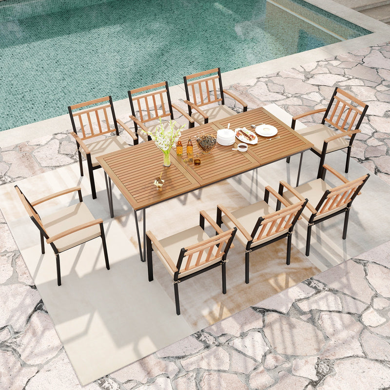 Costway - 9-Piece Patio Dining Set 35.5 Inch Acacia Wood Table with Umbrella Hole and 24-Inch Wide Chairs