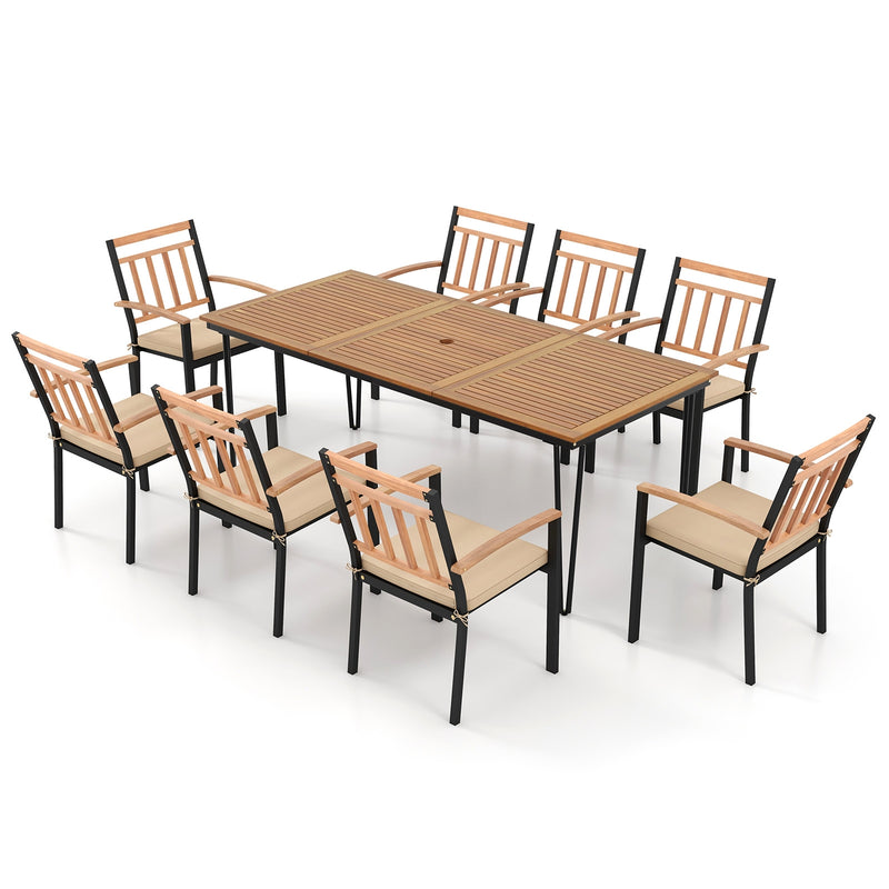 Costway - 9-Piece Patio Dining Set 35.5 Inch Acacia Wood Table with Umbrella Hole and 24-Inch Wide Chairs