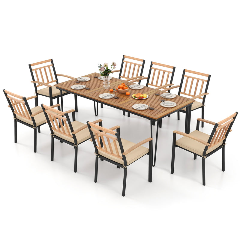 Costway - 9-Piece Patio Dining Set 35.5 Inch Acacia Wood Table with Umbrella Hole and 24-Inch Wide Chairs