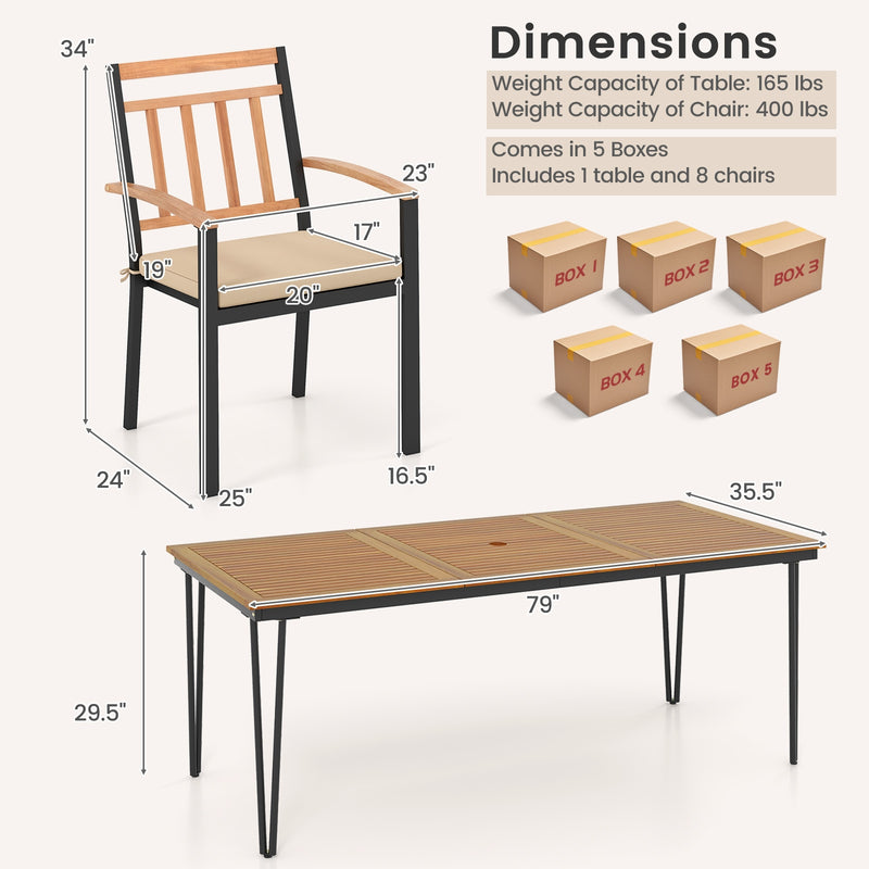 Costway - 9-Piece Patio Dining Set 35.5 Inch Acacia Wood Table with Umbrella Hole and 24-Inch Wide Chairs