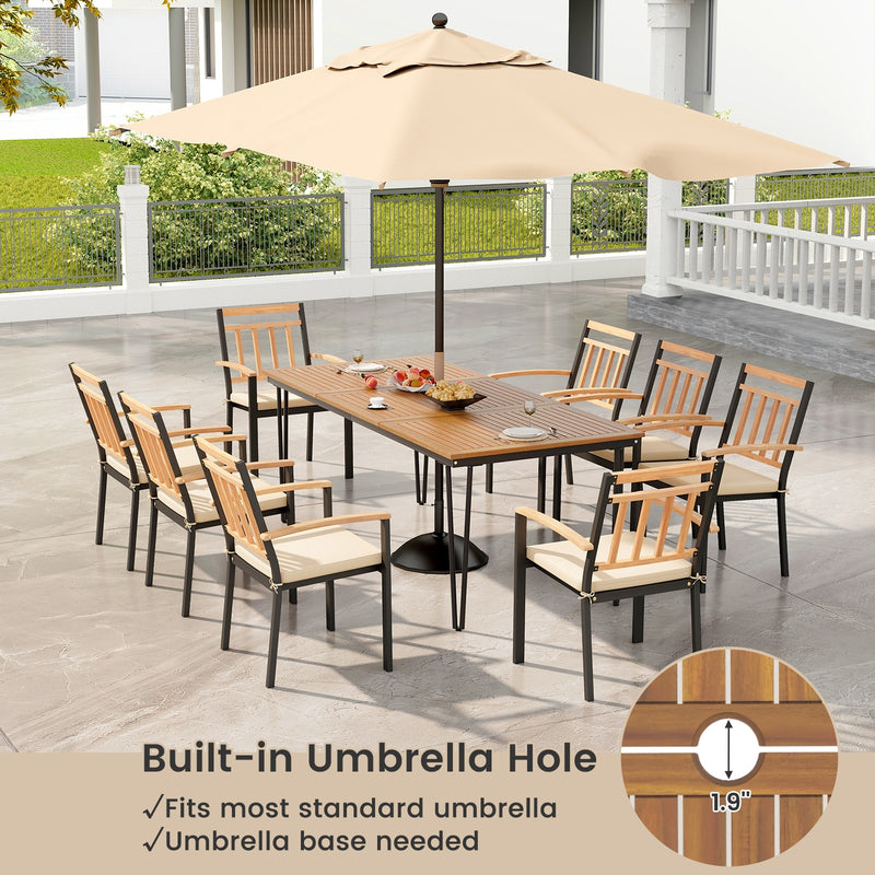 Costway - 9-Piece Patio Dining Set 35.5 Inch Acacia Wood Table with Umbrella Hole and 24-Inch Wide Chairs