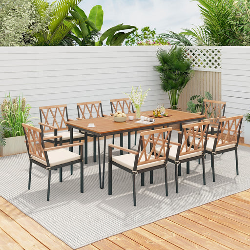 Costway - 9-Piece Patio Dining Set 35.5 Inch Acacia Wood Table with Umbrella Hole and 22.5-Inch Wide Chairs