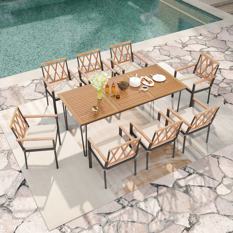Costway - 9-Piece Patio Dining Set 35.5 Inch Acacia Wood Table with Umbrella Hole and 22.5-Inch Wide Chairs