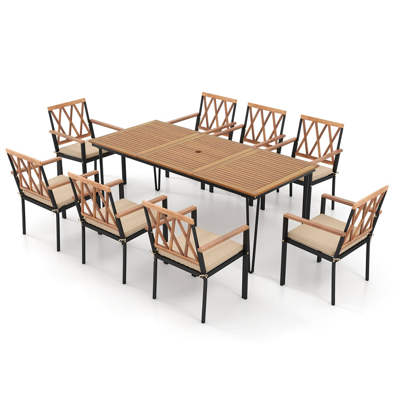 Costway - 9-Piece Patio Dining Set 35.5 Inch Acacia Wood Table with Umbrella Hole and 22.5-Inch Wide Chairs