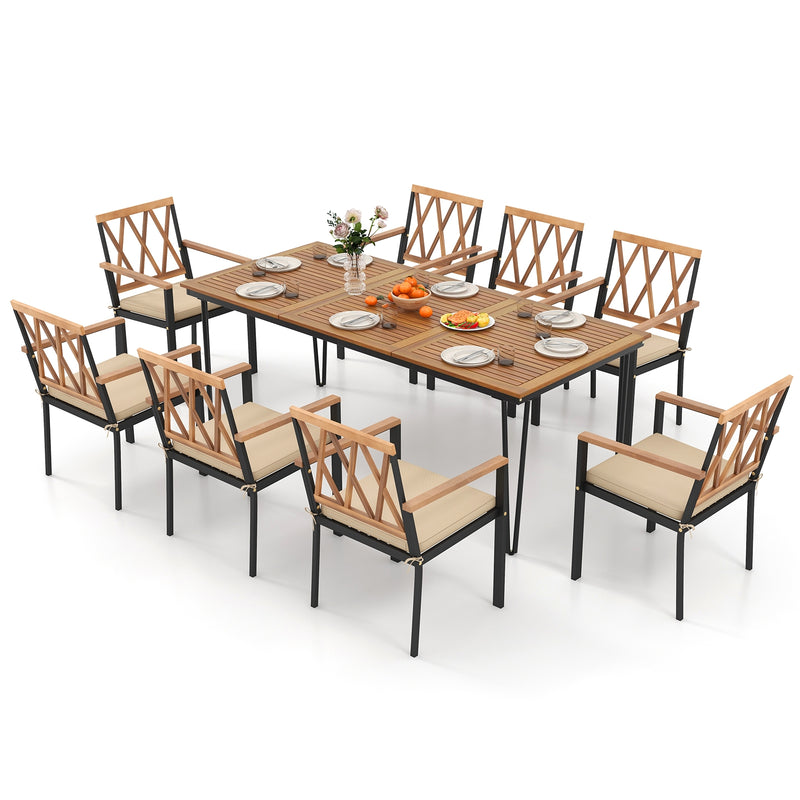 Costway - 9-Piece Patio Dining Set 35.5 Inch Acacia Wood Table with Umbrella Hole and 22.5-Inch Wide Chairs