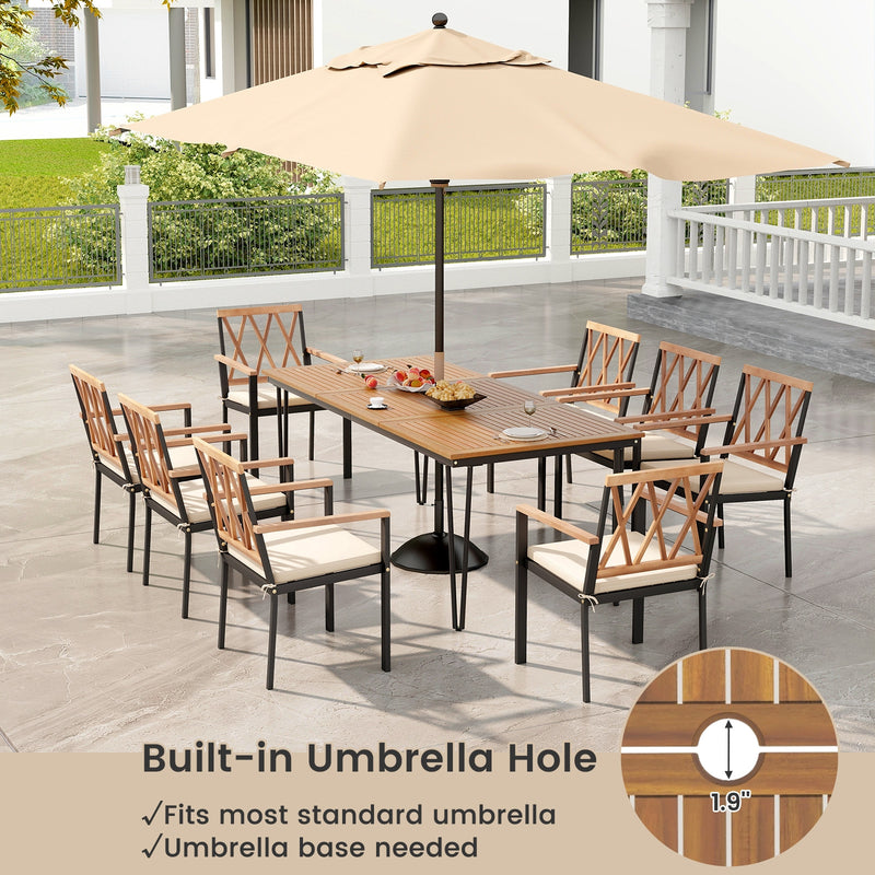 Costway - 9-Piece Patio Dining Set 35.5 Inch Acacia Wood Table with Umbrella Hole and 22.5-Inch Wide Chairs