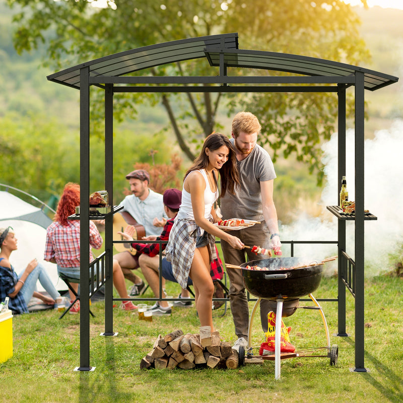 Costway - Hardtop Grill Gazebo with Vented Polycarbonate Roof Side Shelves-Black