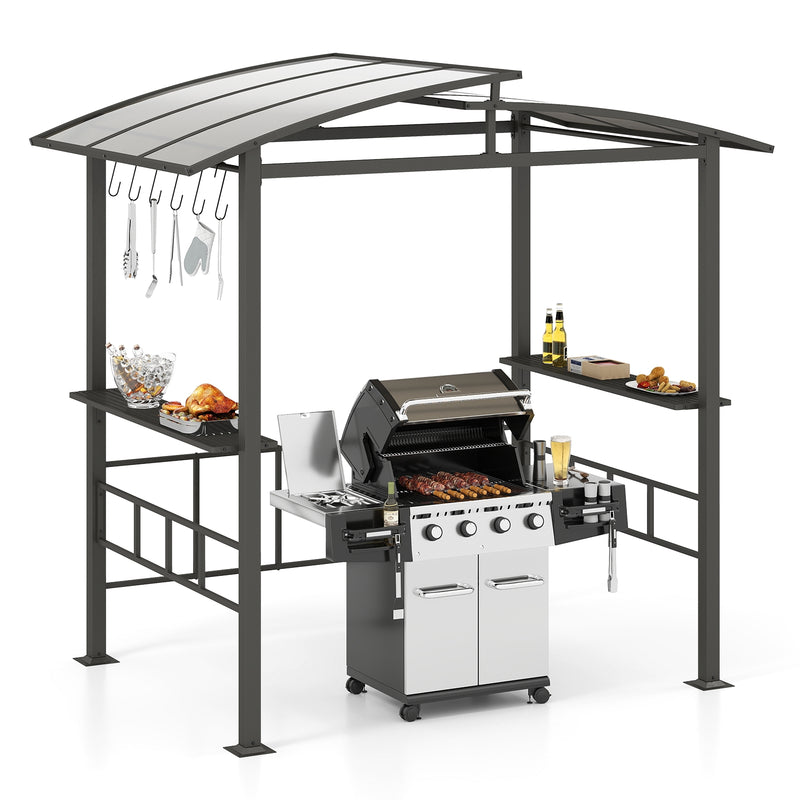 Costway - Hardtop Grill Gazebo with Vented Polycarbonate Roof Side Shelves-Black