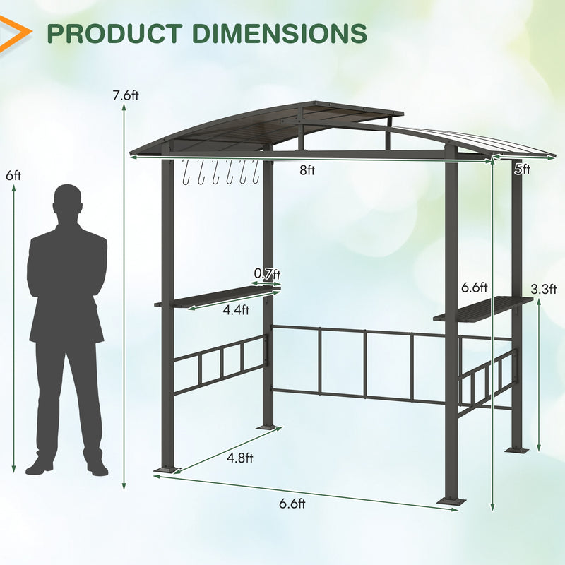 Costway - Hardtop Grill Gazebo with Vented Polycarbonate Roof Side Shelves-Black