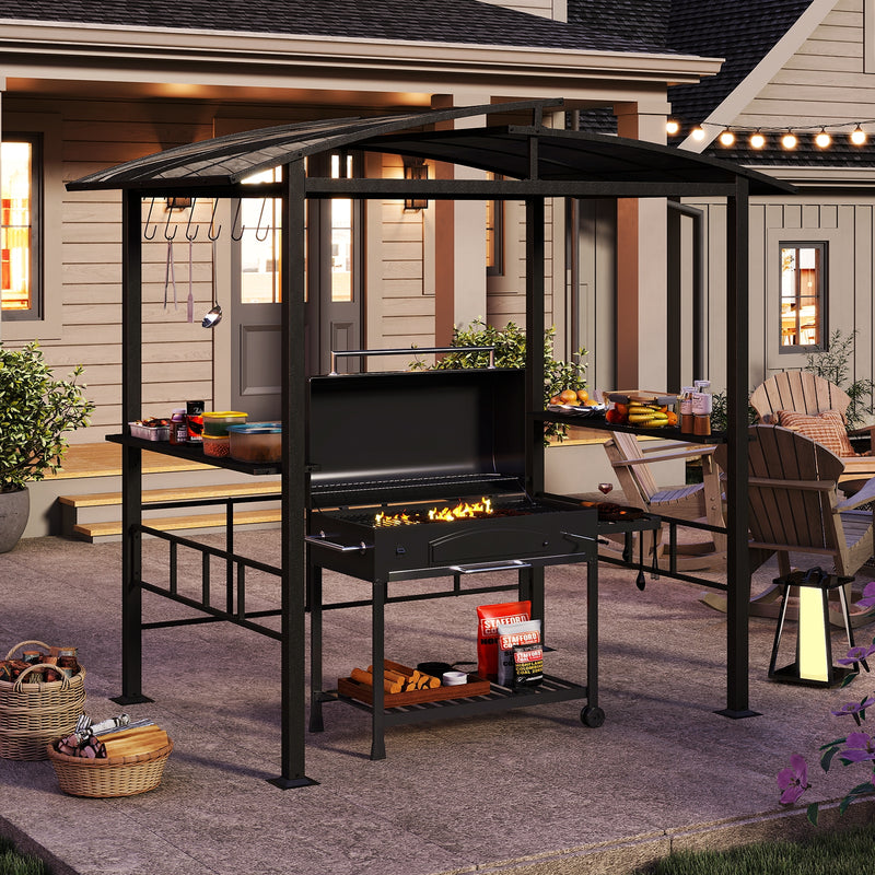 Costway - Hardtop Grill Gazebo with Vented Polycarbonate Roof Side Shelves-Black
