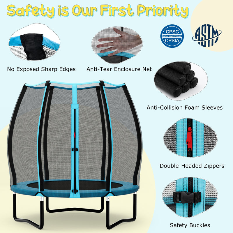 Costway - 55 Inch Trampoline for Kids Toddler Mini Trampoline with Safety Enclosure Net-Blue