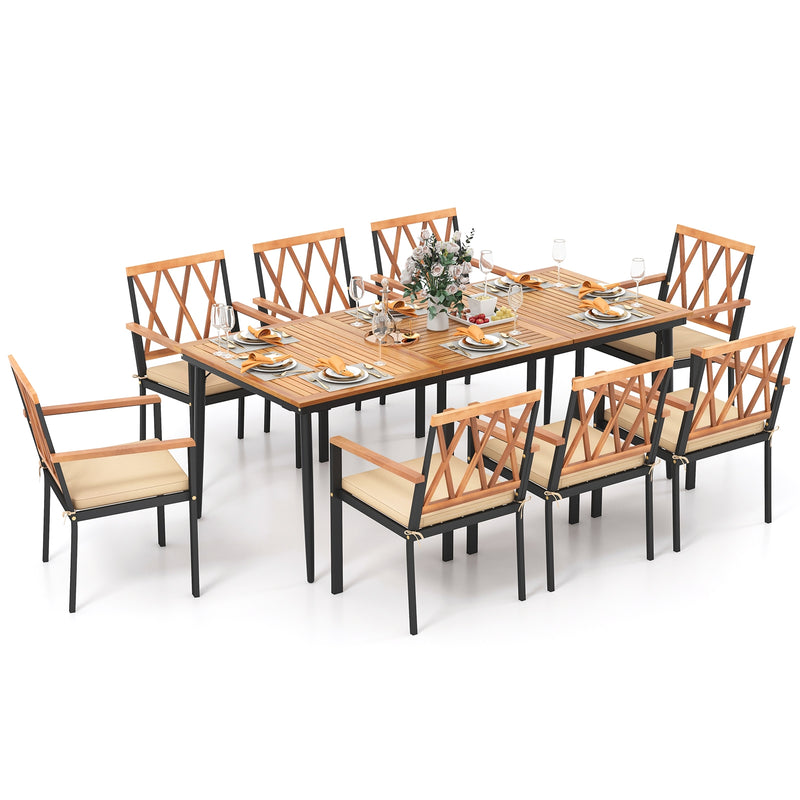 Costway - 9 Pieces Patio Dining Set with 1.9 Inch Umbrella Hole and Seat Cushions