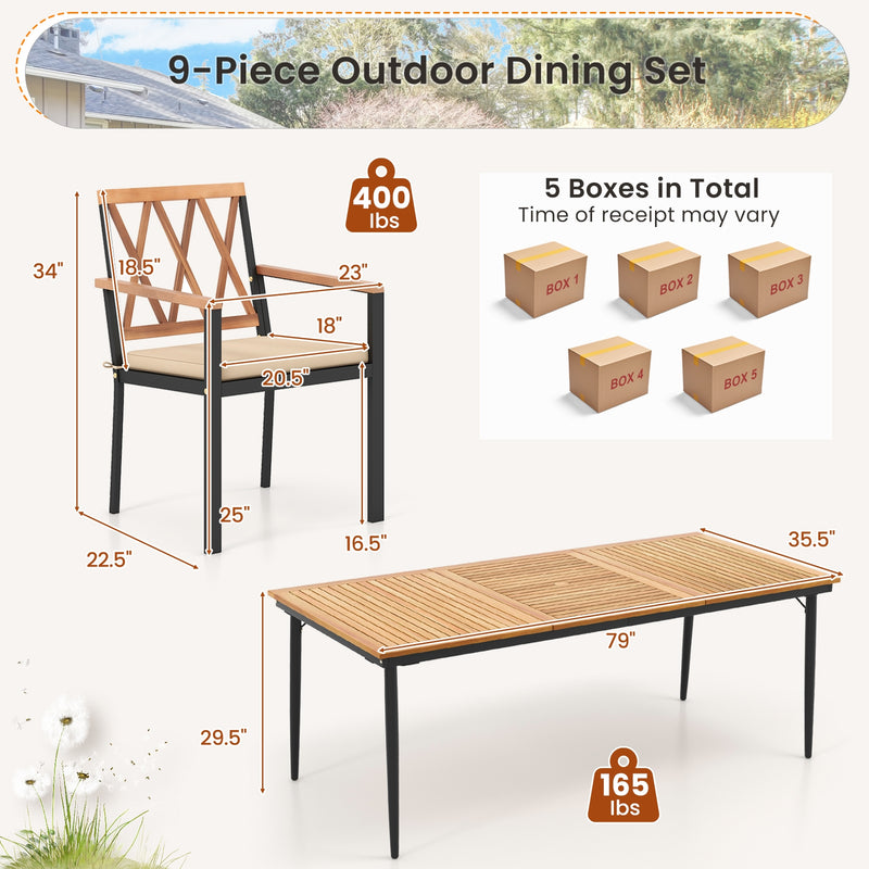 Costway - 9 Pieces Patio Dining Set with 1.9 Inch Umbrella Hole and Seat Cushions