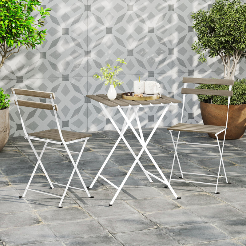 Costway - 3 Piece Patio Acacia Wood Bistro Set with Slatted Seat and Tabletop-Gray