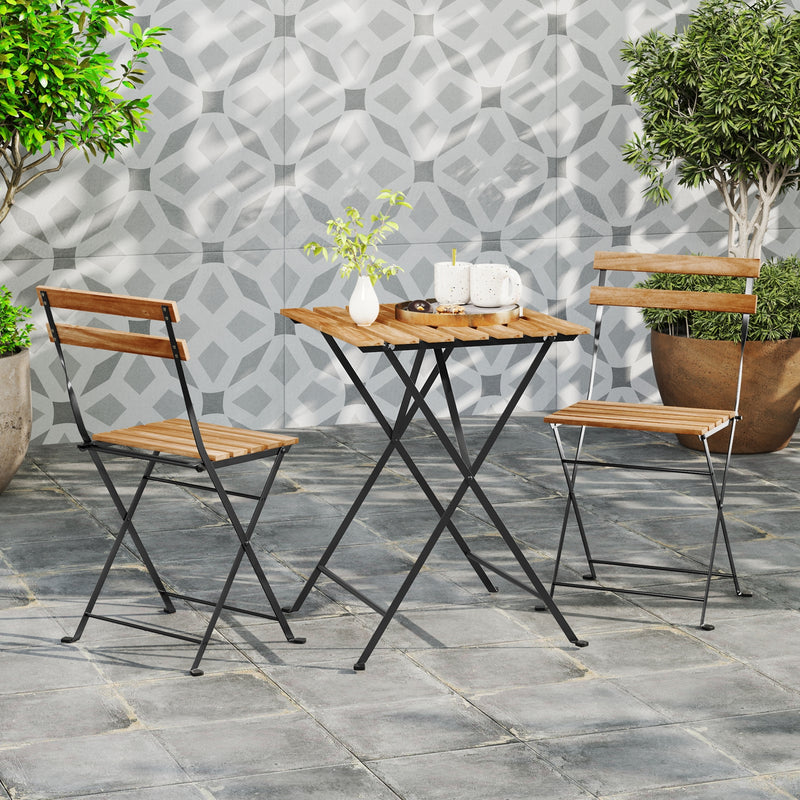 Costway - 3 Piece Patio Acacia Wood Bistro Set with Slatted Seat and Tabletop-Brown