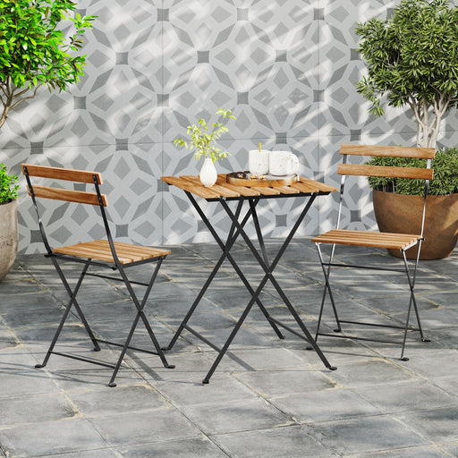 Costway - 3 Piece Patio Acacia Wood Bistro Set with Slatted Seat and Tabletop-Brown