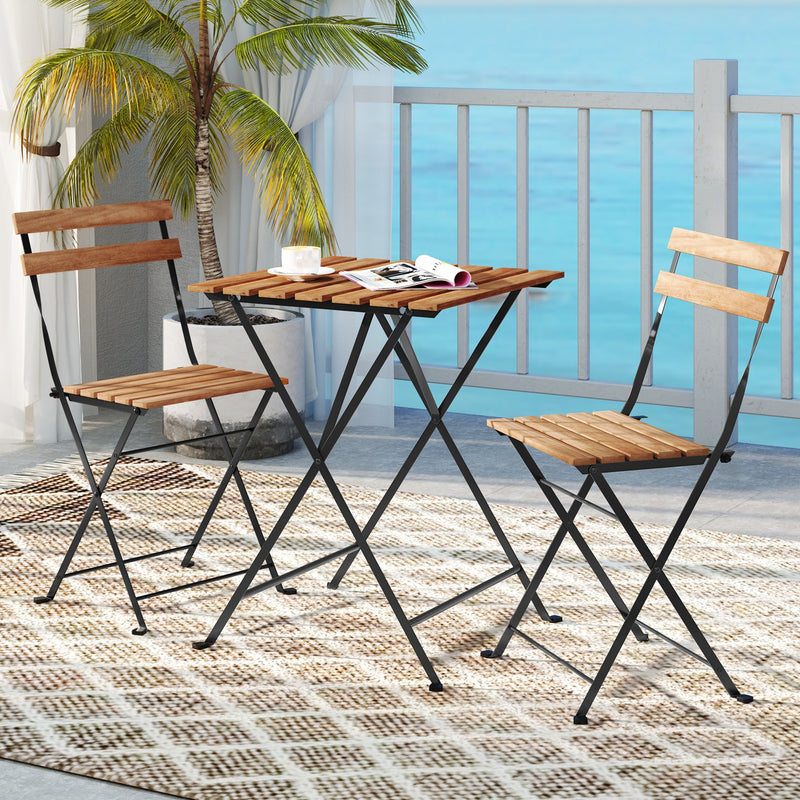 Costway - 3 Piece Patio Acacia Wood Bistro Set with Slatted Seat and Tabletop-Brown