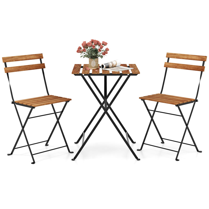 Costway - 3 Piece Patio Acacia Wood Bistro Set with Slatted Seat and Tabletop-Brown
