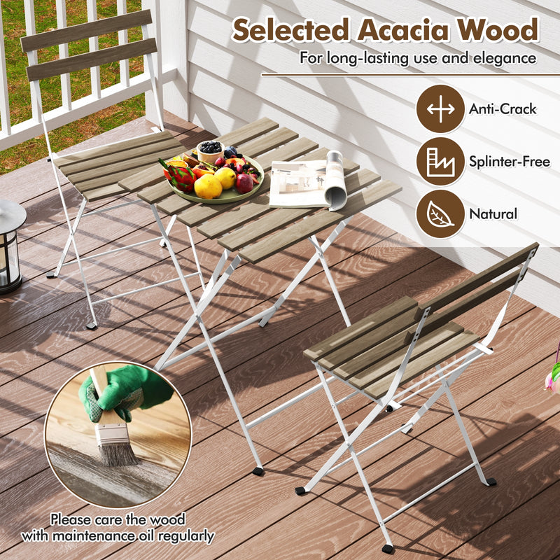 Costway - 3 Piece Patio Acacia Wood Bistro Set with Slatted Seat and Tabletop-Gray