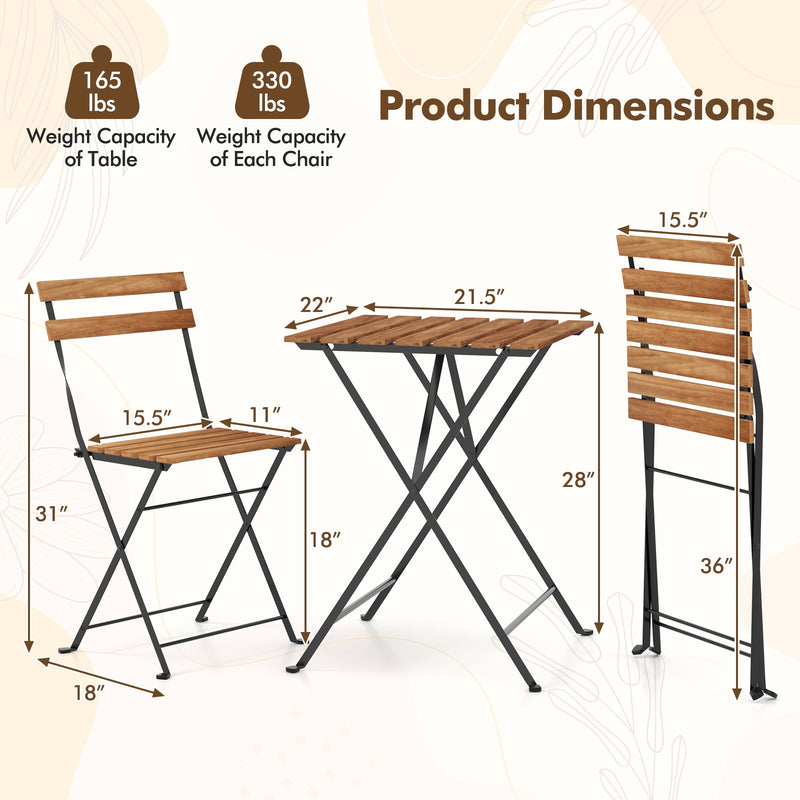 Costway - 3 Piece Patio Acacia Wood Bistro Set with Slatted Seat and Tabletop-Brown