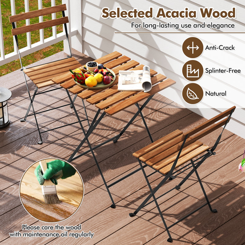 Costway - 3 Piece Patio Acacia Wood Bistro Set with Slatted Seat and Tabletop-Brown