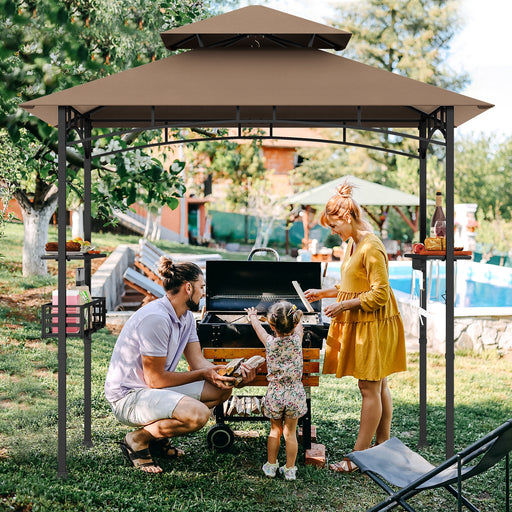 Costway - 8 x 5 Feet Outdoor Grill Gazebo with 2 Side Shelves and 10 Hooks-Brown