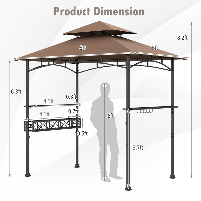 Costway - 8 x 5 Feet Outdoor Grill Gazebo with 2 Side Shelves and 10 Hooks-Brown