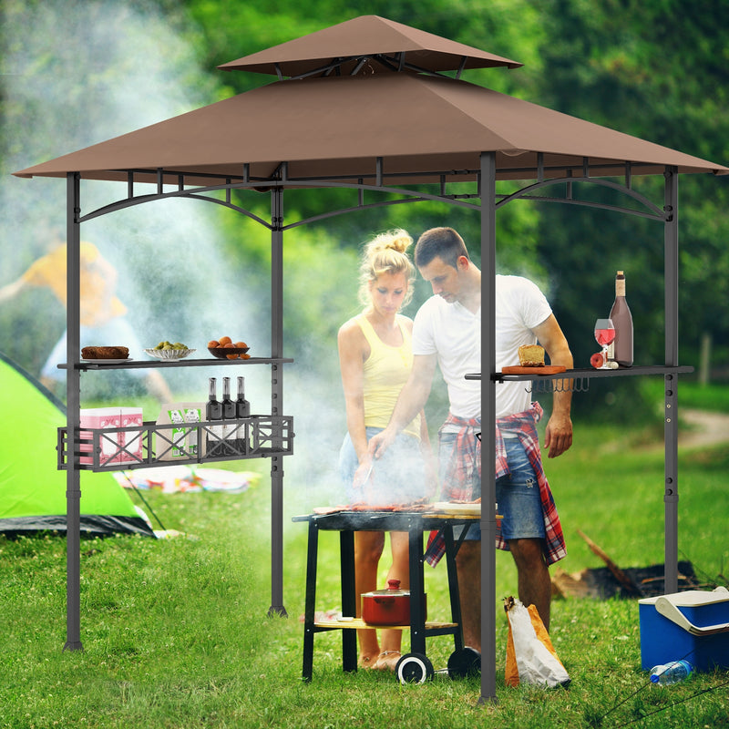 Costway - 8 x 5 Feet Outdoor Grill Gazebo with 2 Side Shelves and 10 Hooks-Brown