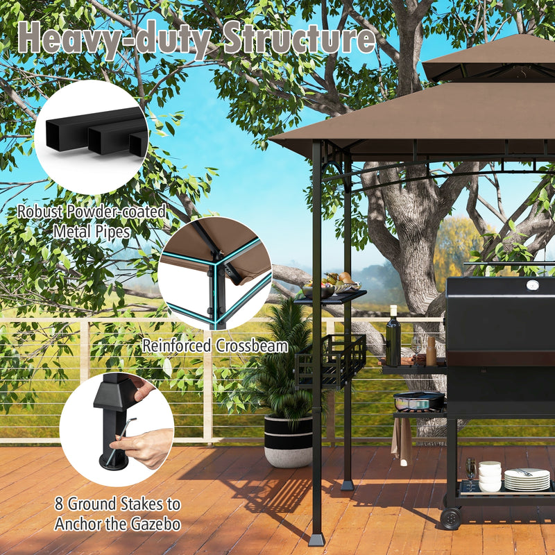 Costway - 8 x 5 Feet Outdoor Grill Gazebo with 2 Side Shelves and 10 Hooks-Brown