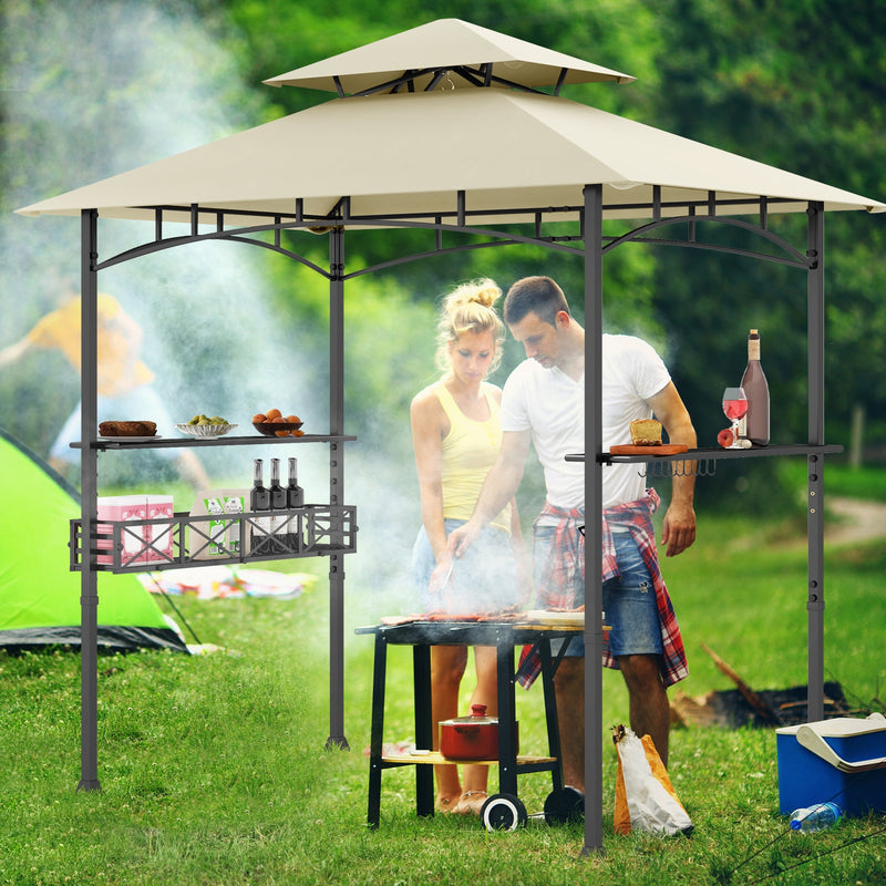 Costway - 8 x 5 Feet Outdoor Grill Gazebo with 2 Side Shelves and 10 Hooks-Beige