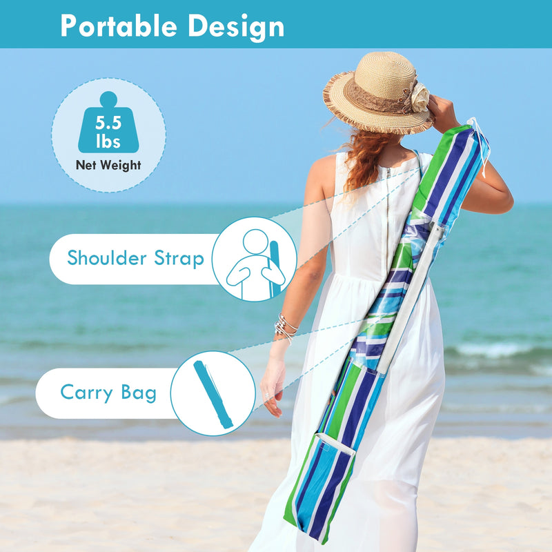 Costway - 7.2 Feet Portable Outdoor Beach Umbrella with Sand Anchor and Tilt Mechanism-Green